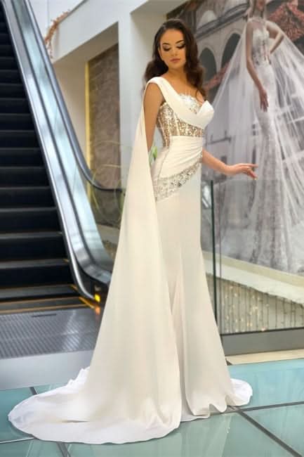 BMbride Beautiful Long White One Shoulder Sleeveless Mermaid Evening Dresses With Glitter BMbride