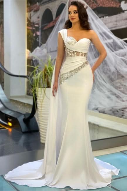 BMbride Beautiful Long White One Shoulder Sleeveless Mermaid Evening Dresses With Glitter BMbride