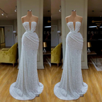 BMbride Beautiful Long White V-neck Sleeveless Sequined Mermaid Prom Dress BMbride