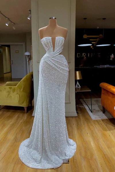 BMbride Beautiful Long White V-neck Sleeveless Sequined Mermaid Prom Dress BMbride