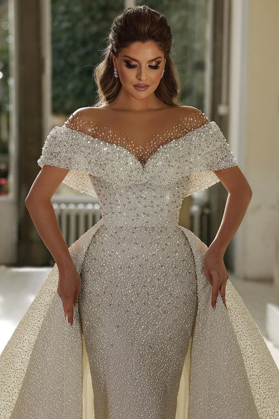 BMbride Beautiful Mermaid Panel Portrait Wedding Dresses With Beaded BMbride