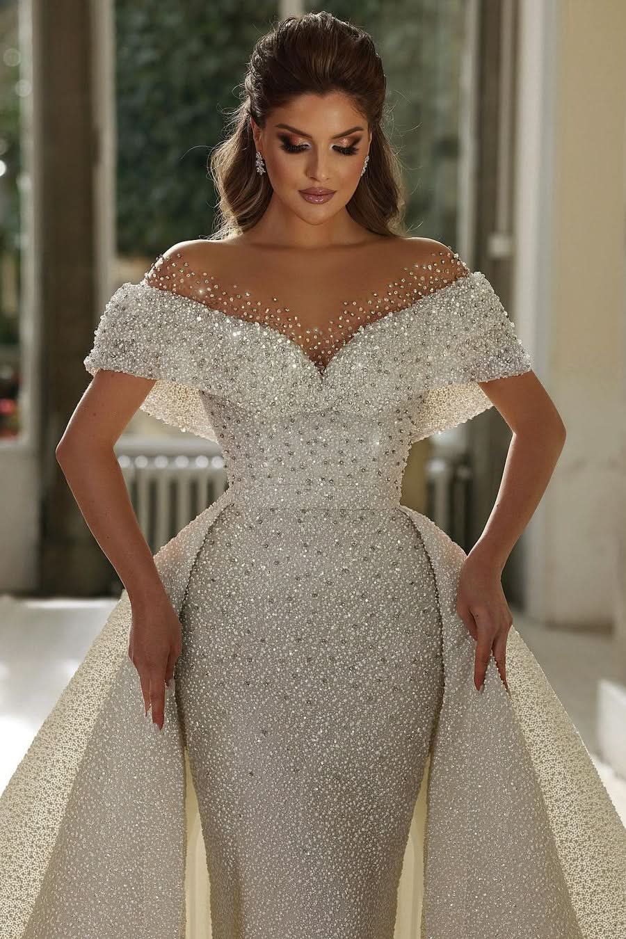 BMbride Beautiful Mermaid Panel Portrait Wedding Dresses With Beaded BMbride