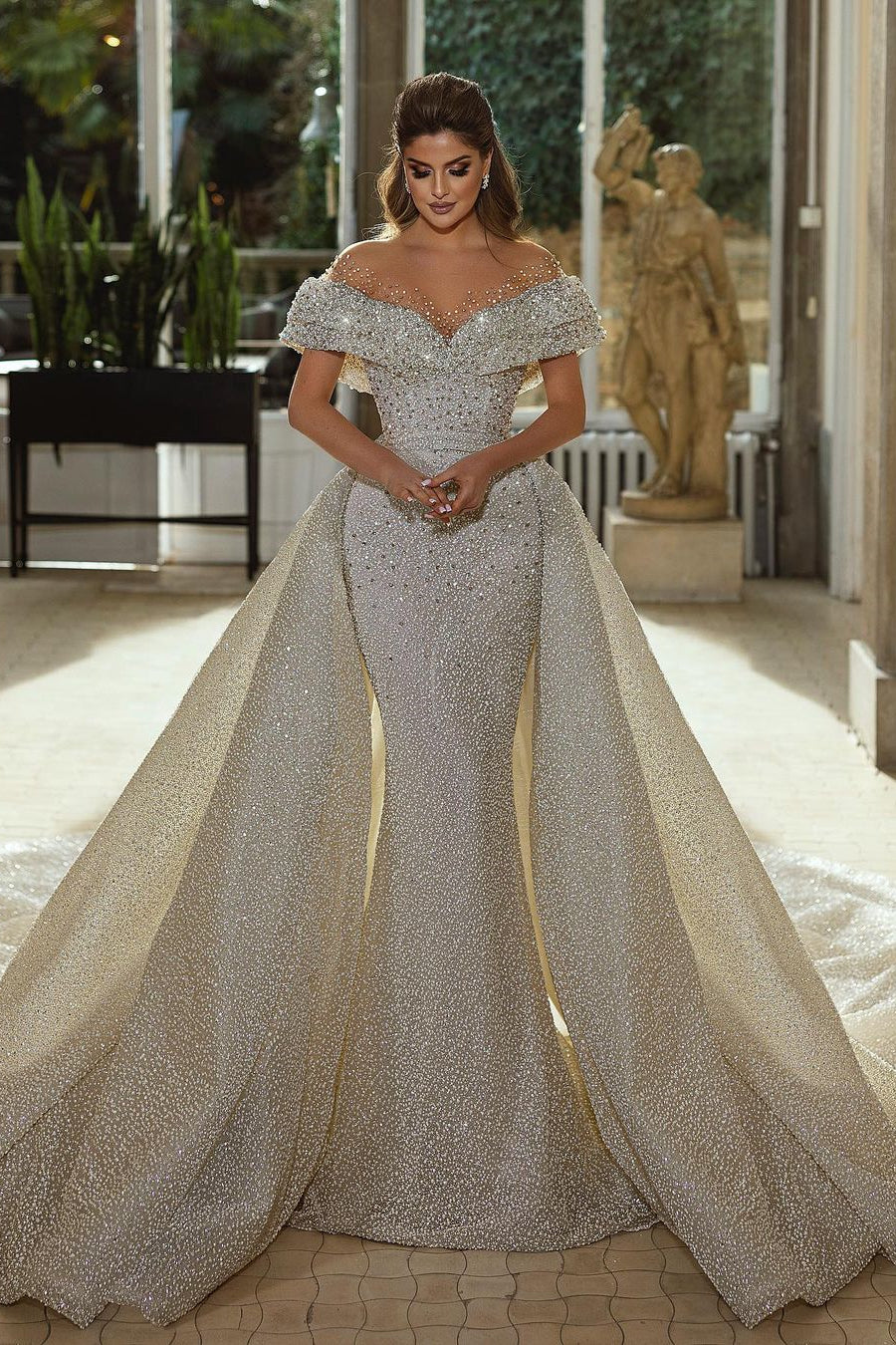 BMbride Beautiful Mermaid Panel Portrait Wedding Dresses With Beaded BMbride