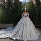 BMbride Beautiful Off-the-shoulder A-line White Lace Beading Wedding Dress With Long Sleeves BMbride