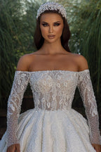 BMbride Beautiful Off-the-shoulder A-line White Lace Beading Wedding Dress With Long Sleeves BMbride