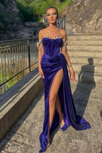 BMbride Beautiful Off-the-shoulder Glitter Split Front Mermaid Prom Dress BMbride