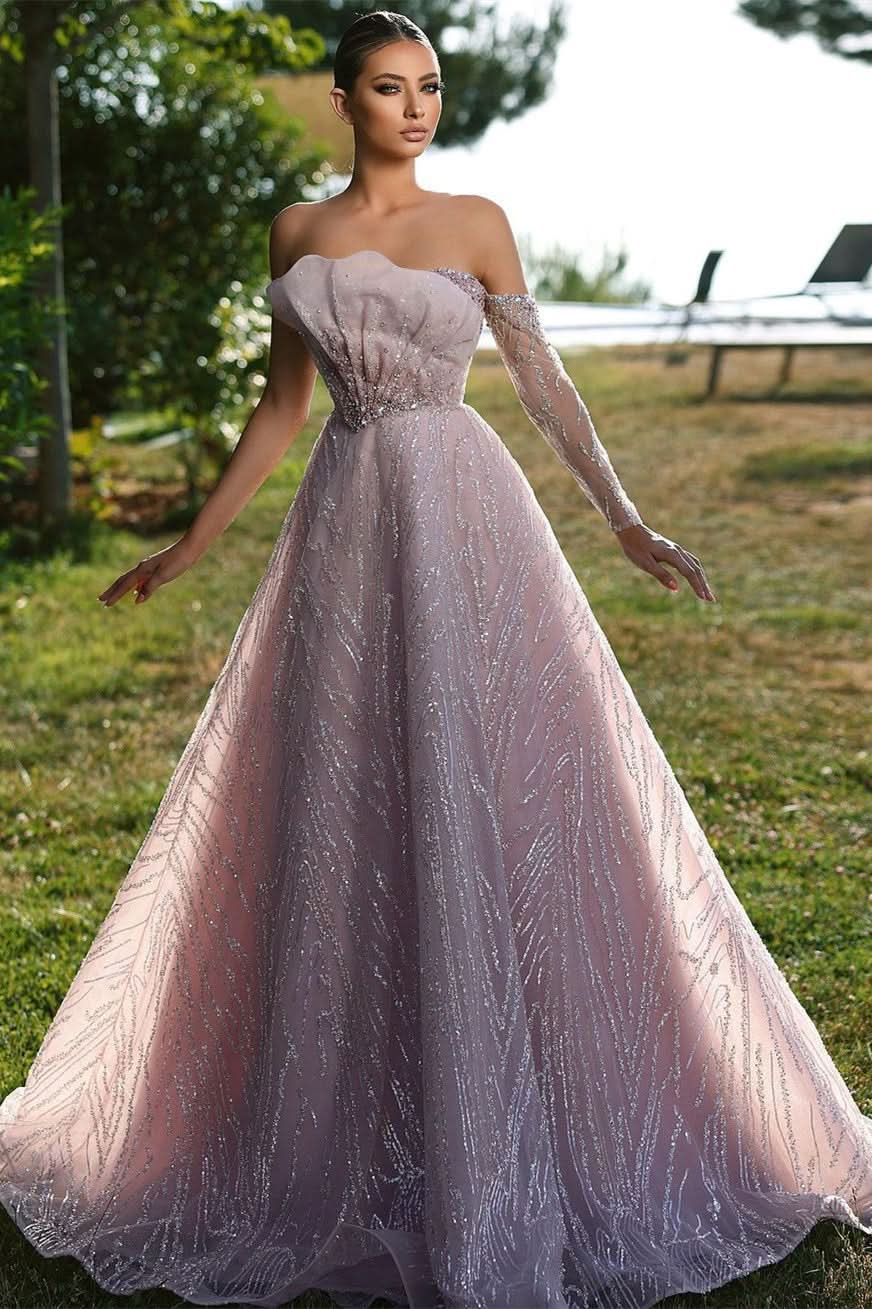 Beautiful Off-the-shoulder Long Sleeve A-line Prom Dress with Graceful Ruffles BM bride