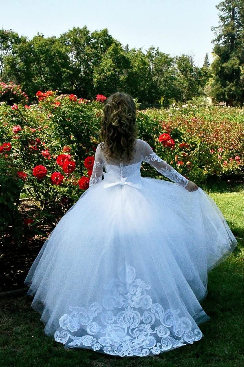 Beautiful Puffy Beaded Flower Girls Dresses with Long Sleeves for a Sweet Look BM bride