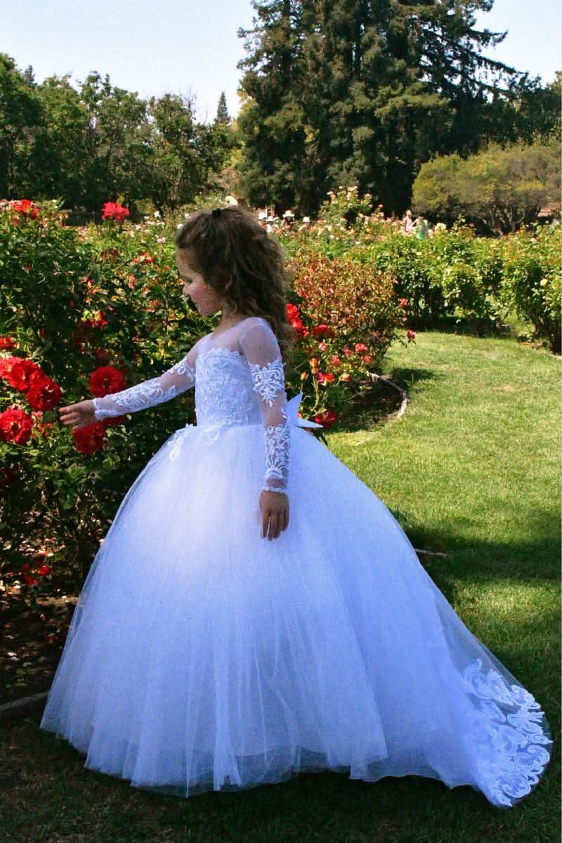 Beautiful Puffy Beaded Flower Girls Dresses with Long Sleeves for a Sweet Look BM bride