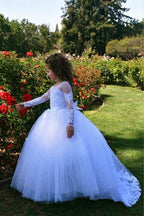 BMbride Beautiful Puffy Beaded Flower Girls Dresses With Long Sleeves BMbride