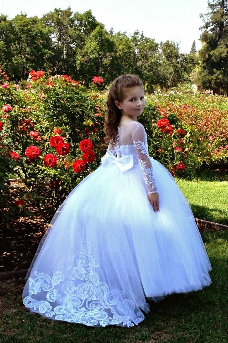Beautiful Puffy Beaded Flower Girls Dresses with Long Sleeves for a Sweet Look BM bride