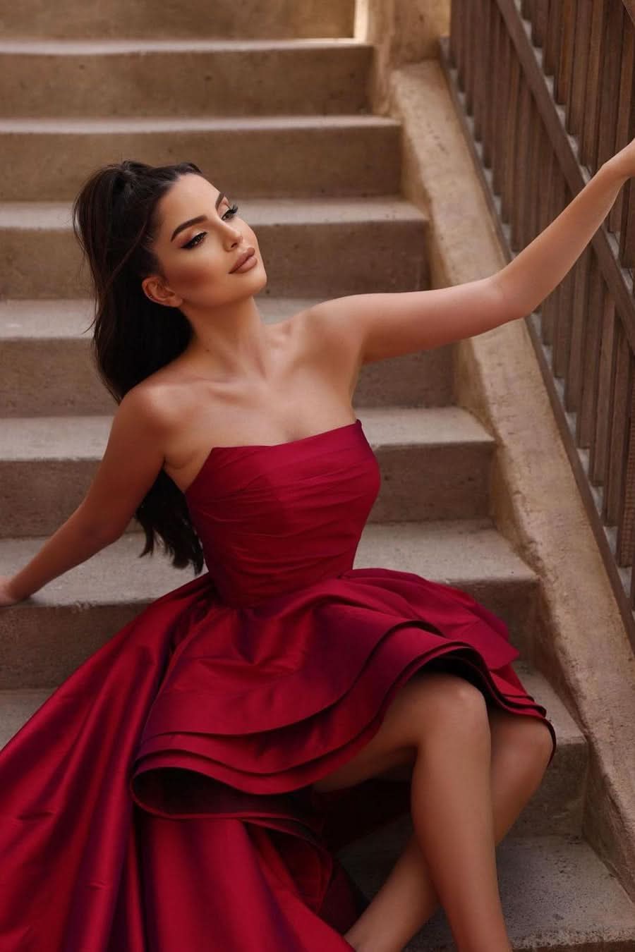BMbride Beautiful Red A-line Sleeveless Ruffles Prom Dress With Train BMbride