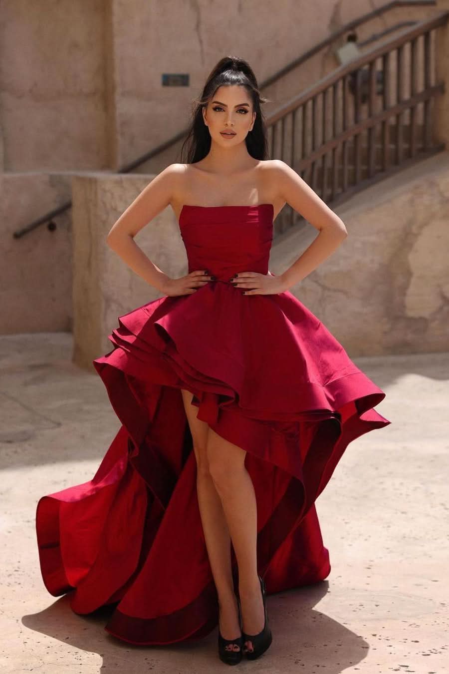 BMbride Beautiful Red A-line Sleeveless Ruffles Prom Dress With Train BMbride