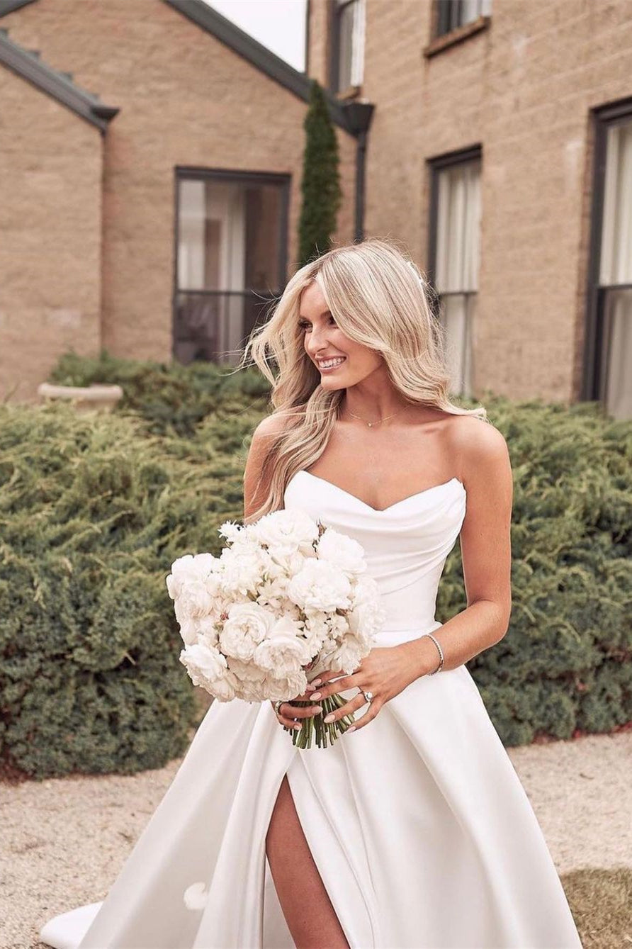 BMbride Beautiful Simple White A-line Wedding Dress With Side Slit BMbride