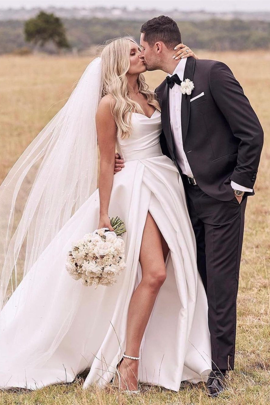 BMbride Beautiful Simple White A-line Wedding Dress With Side Slit BMbride