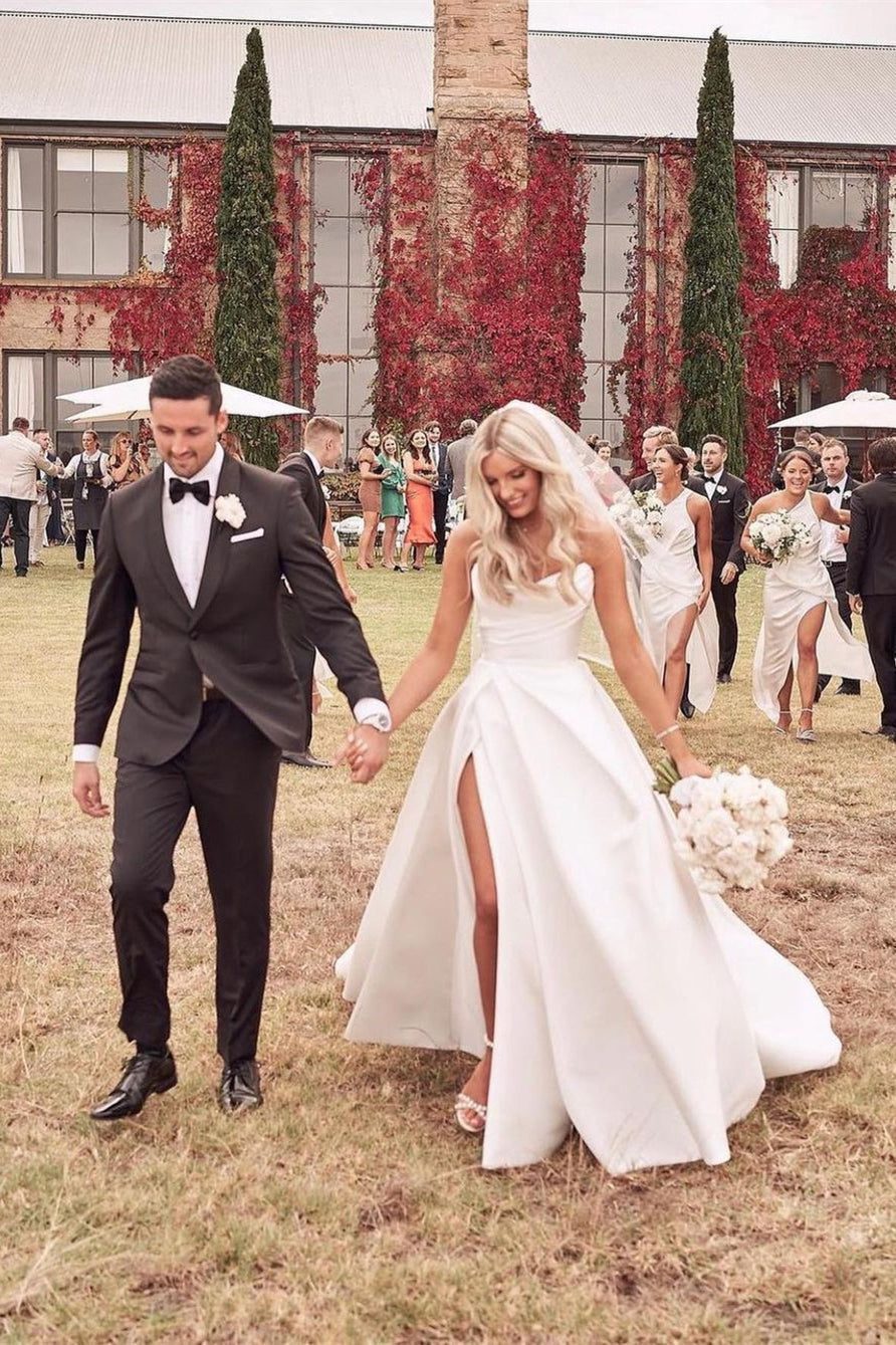 BMbride Beautiful Simple White A-line Wedding Dress With Side Slit BMbride