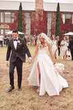 BMbride Beautiful Simple White A-line Wedding Dress With Side Slit BMbride