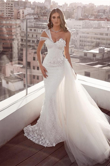 Beautiful Sweetheart Mermaid Tulle Wedding Dresses With Lace BM bride
