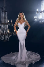 BMbride Beautiful V-neck White Sleeveless Mermaid Wedding Dress With Ruffles BMbride