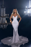 BMbride Beautiful V-neck White Sleeveless Mermaid Wedding Dress With Ruffles BMbride