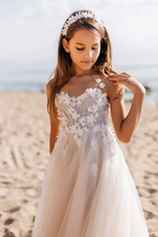 BMbride Beautiful White A-line Sleeveless Appliques Flower Girls Dress BMbride