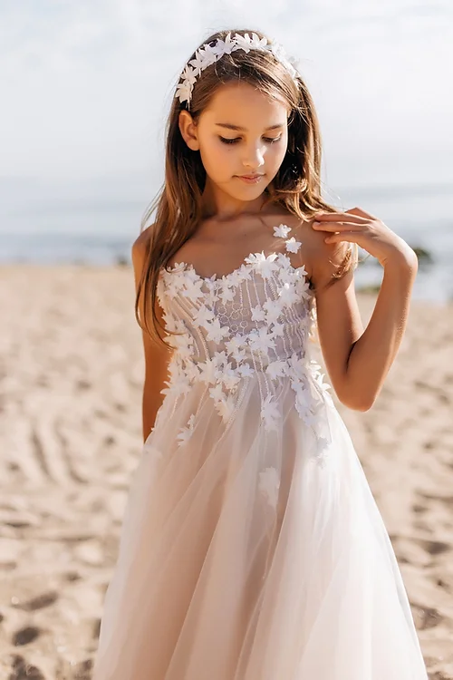 BMbride Beautiful White A-line Sleeveless Appliques Flower Girls Dress BMbride