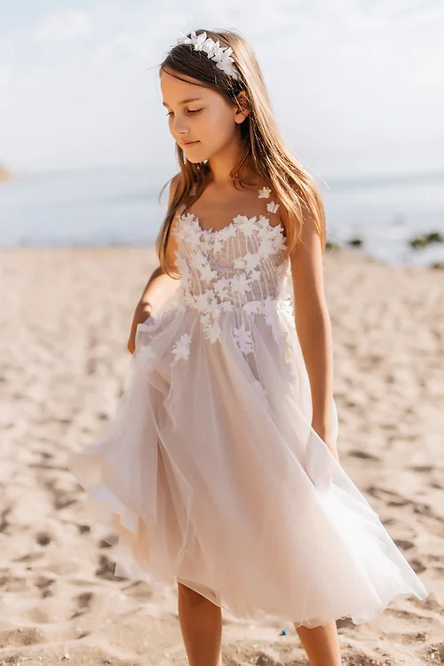 BMbride Beautiful White A-line Sleeveless Appliques Flower Girls Dress BMbride