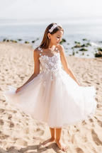 BMbride Beautiful White A-line Sleeveless Appliques Flower Girls Dress BMbride