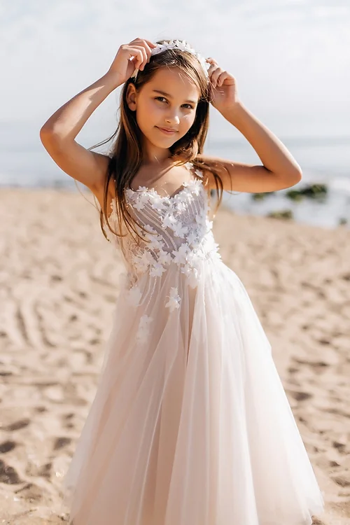 BMbride Beautiful White A-line Sleeveless Appliques Flower Girls Dress BMbride