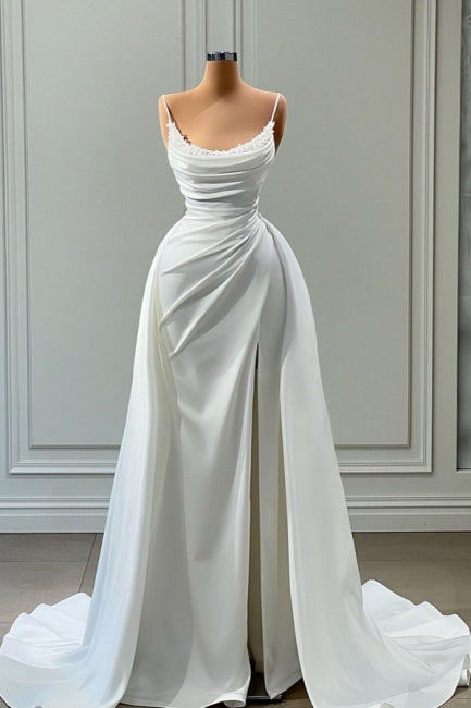 BMbride Beautiful White Long A-line Spaghetti Straps Wedding Dresses With Beads BMbride
