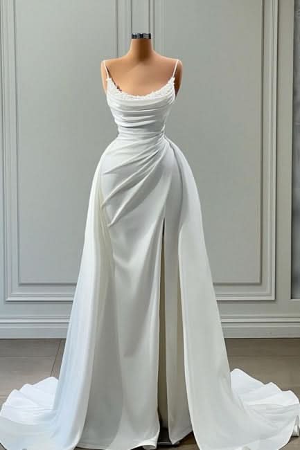 BMbride Beautiful White Long A-line Spaghetti Straps Wedding Dresses With Beads BMbride
