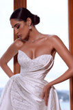 BMbride Beautiful White Sweetheart Beading Sleeveless Wedding Dress With Detachable Train BMbride