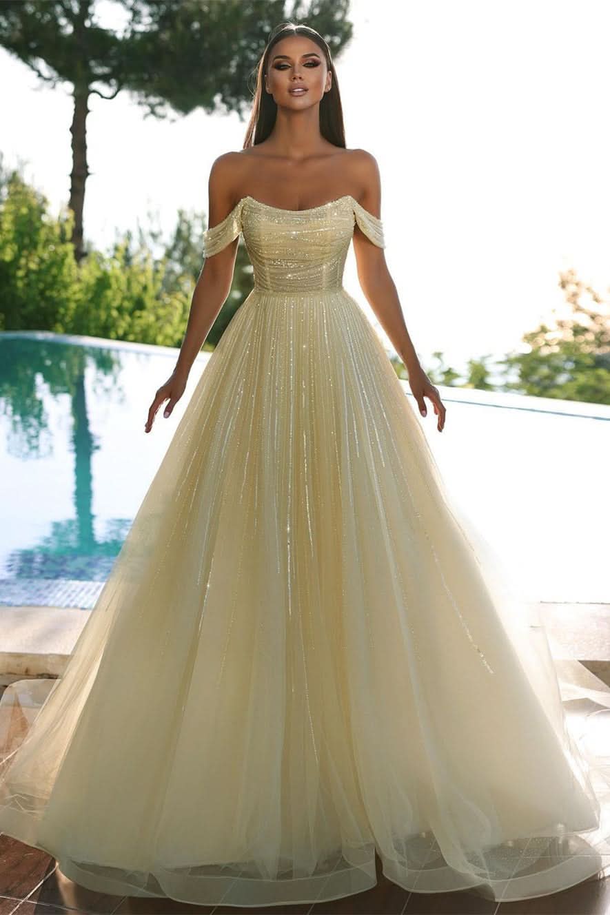Beautiful Yellow Off-the-shoulder Sequined A-line Prom Dress for a Stunning Look BM bride