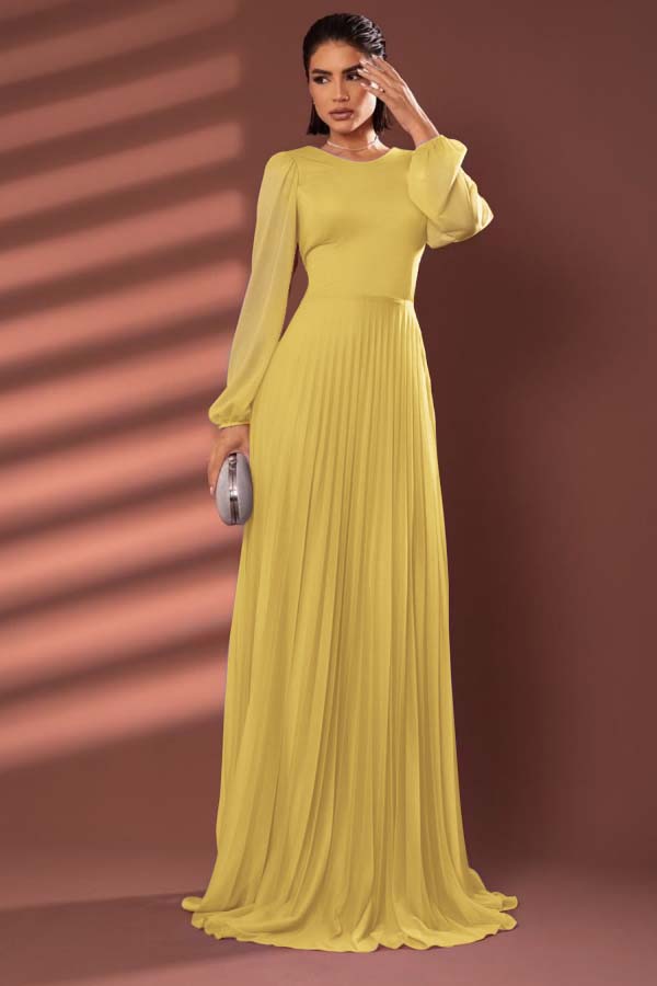 Chiffon Jewel Neck Long Sleeves Long Prom Dress With Pleated BMBRIDE