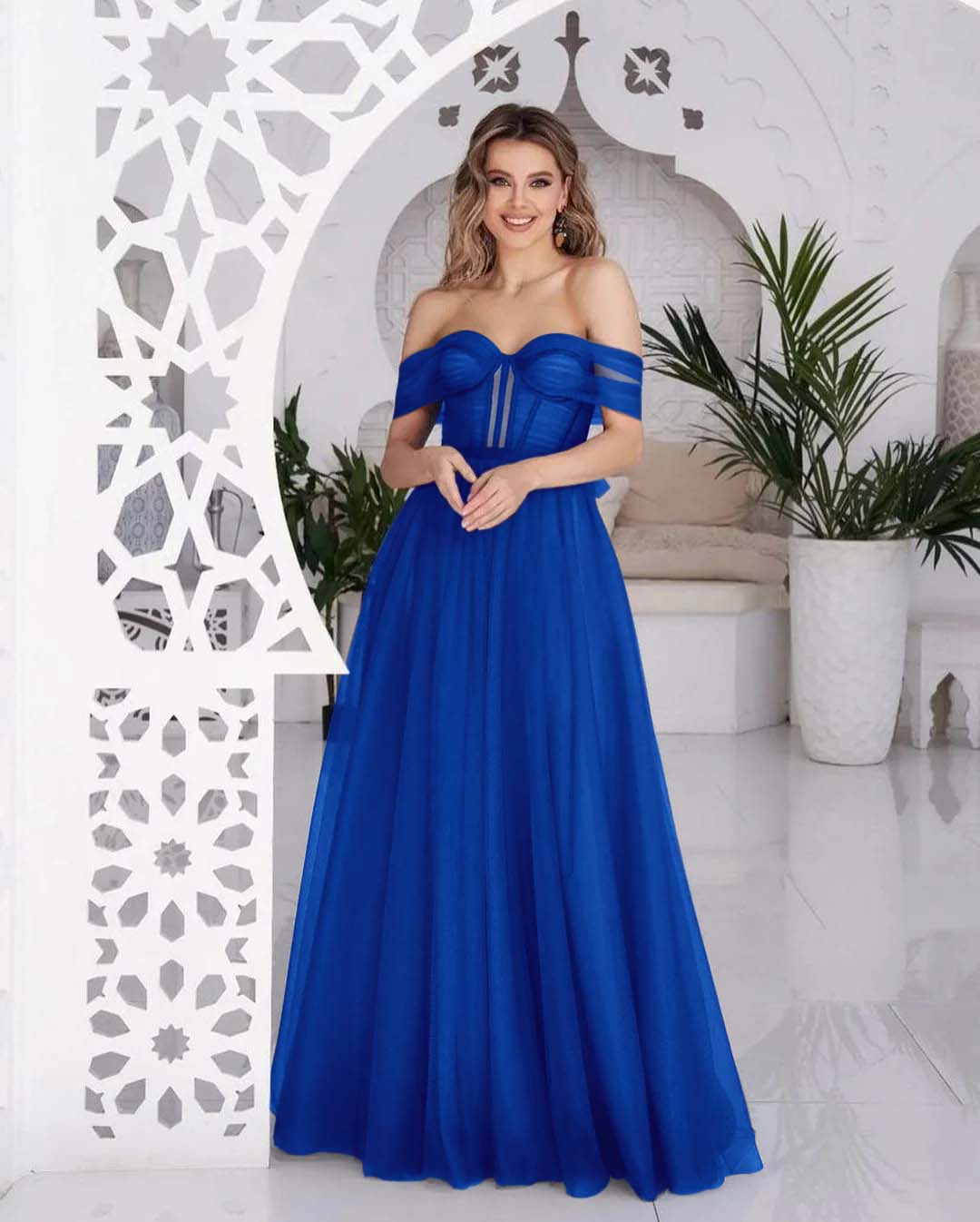 Stunning Tulle Off the Shoulder Sweetheart Strapless Royal Blue Prom Dress BMBRIDE