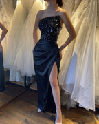 Beautiful Black Sequins Sleeveless Strapless Prom Dress with High Slit BM bride