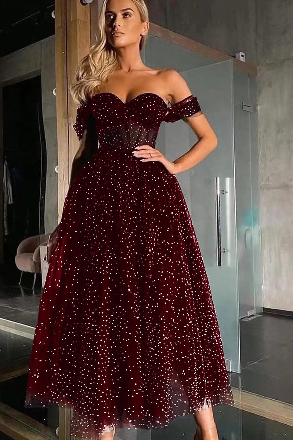 Black Off-the-Shoulder Sweetheart A-Line Tulle Beaded Prom Dress BM bride