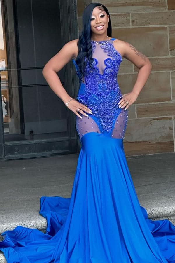 Royal Blue Long Sleeveless Evening Dress with Tulle Appliques and Beadings BM bride
