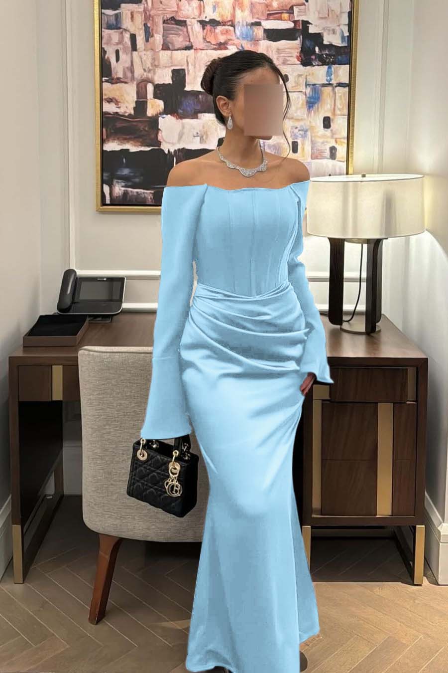 Strapless Long Sleeves Mermaid Long Prom Dress With Pleated BMBRIDE