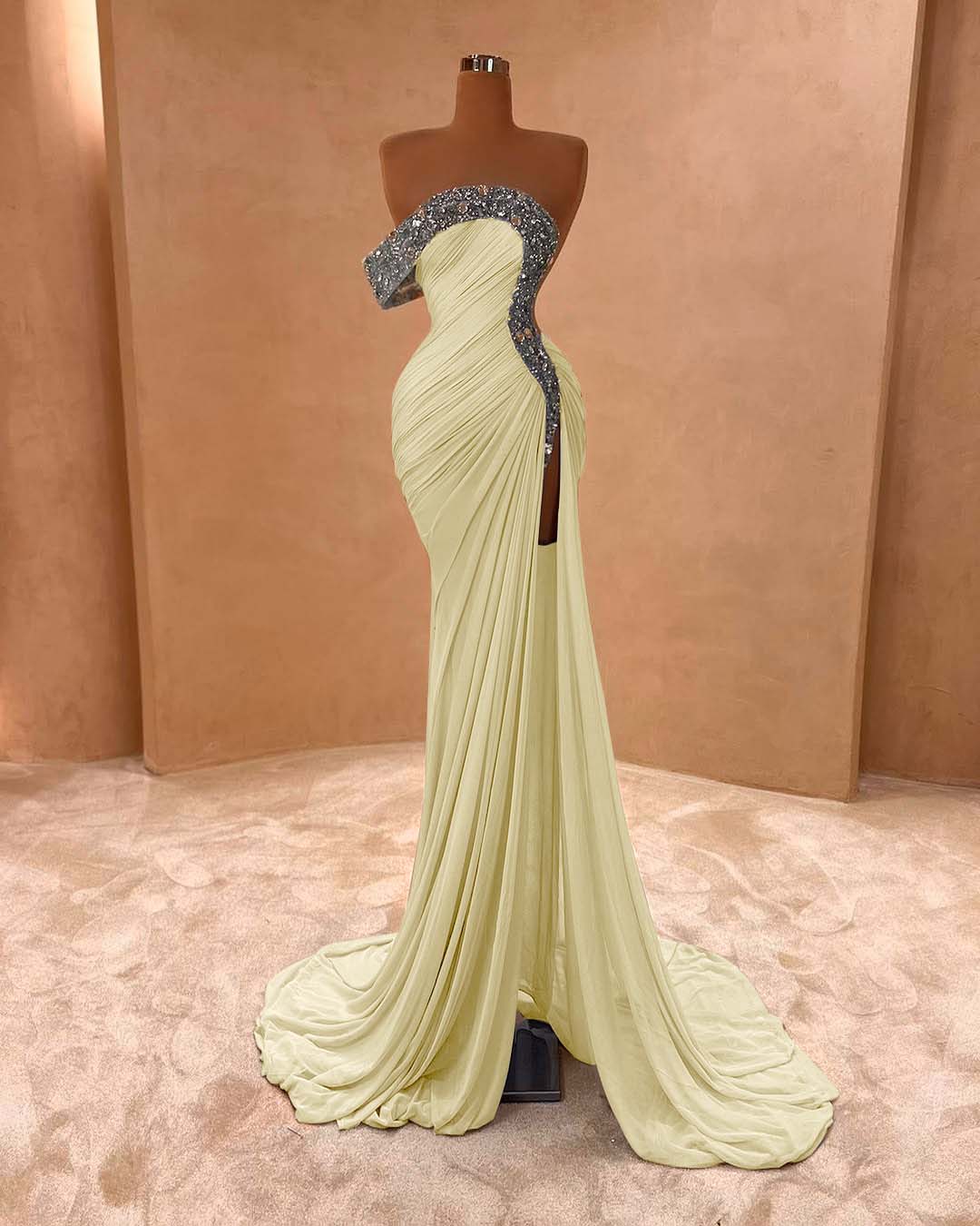 One Shoulder Sleeveless Long Split Prom Dress With Pleated Sequins BMBRIDE