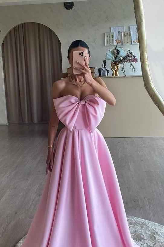 Pink Sweetheart Strapless Sleeveless A Line Long Prom Dress With Bowknot