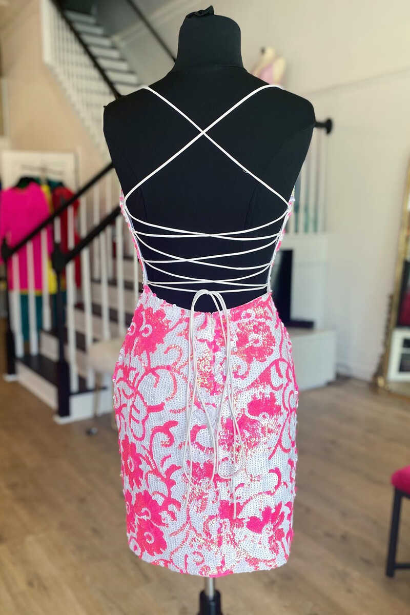 Flirty Pink V Neck Sequins Bodycon Short Mini Cocktail Dress BM bride