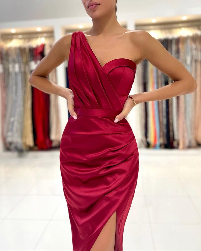 Burgundy One Shoulder Short Prom Dress BM bride