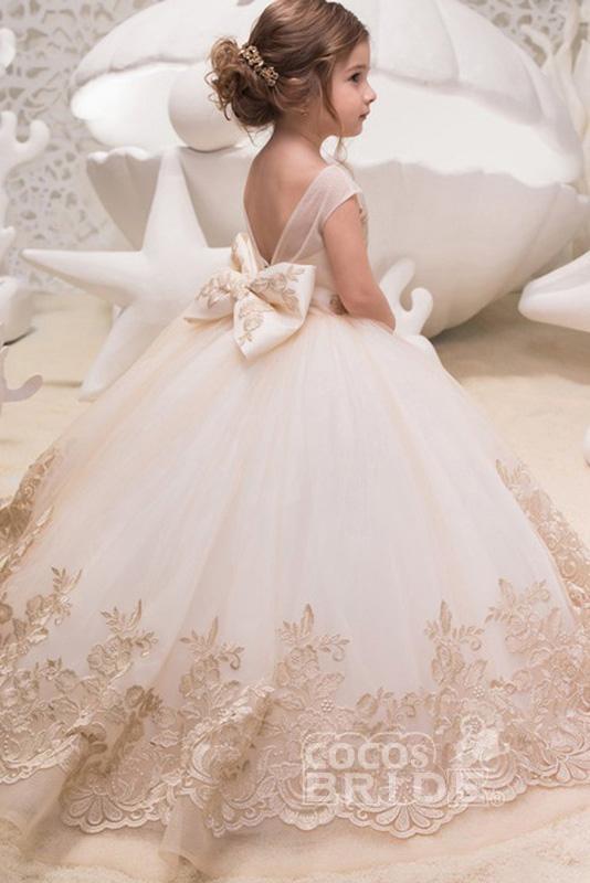 BMbride Beige Scoop Neck Sleeveless Ball Gown Flower Girls Dress BMbride