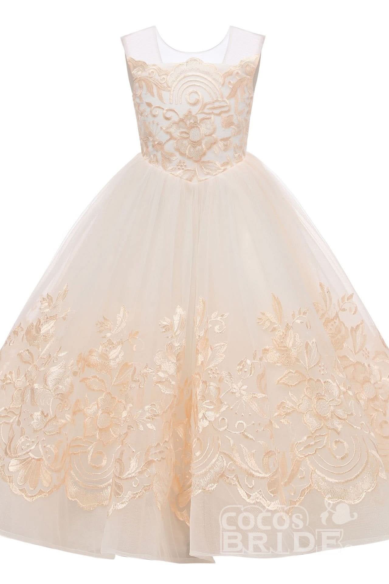 BMbride Beige Scoop Neck Sleeveless Ball Gown Flower Girls Dress BMbride