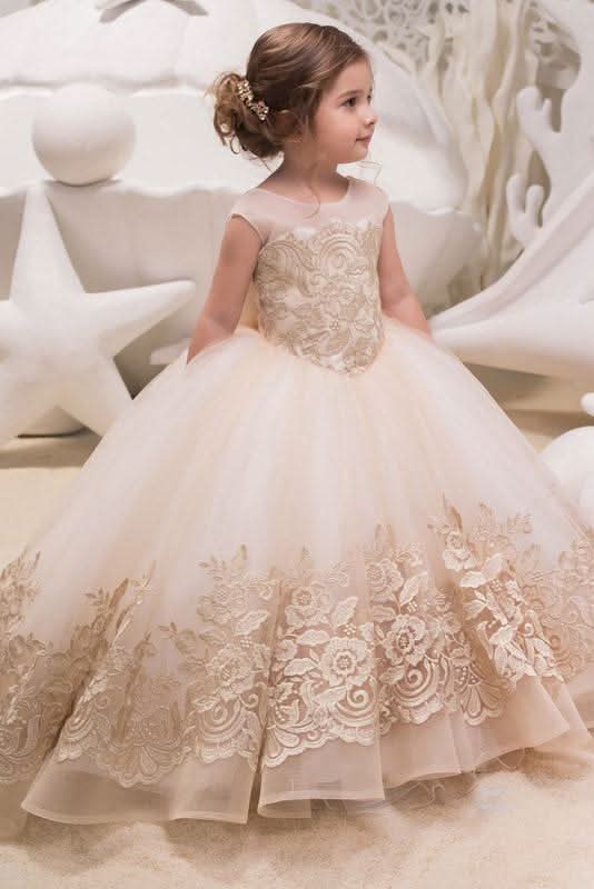 BMbride Beige Scoop Neck Sleeveless Ball Gown Flower Girls Dress BMbride