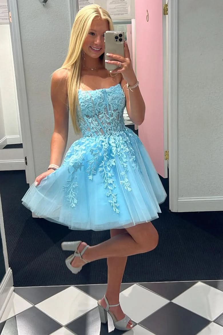 Shimmering Blue Sequin Tight Spaghetti Straps Homecoming Dress with Flounce Hem BM bride