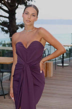 Chic Purple Strapless Sleeveless Front Split Long Prom Dress With Ruffles