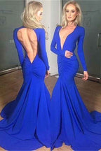 Chic Royal Blue Long Sleeves Deep V Neck Mermaid Prom Dress With Pleated