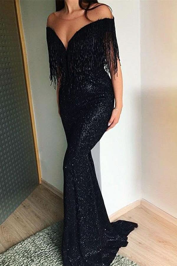 Black Sequins Tassels Mermaid Prom Dress BM bride